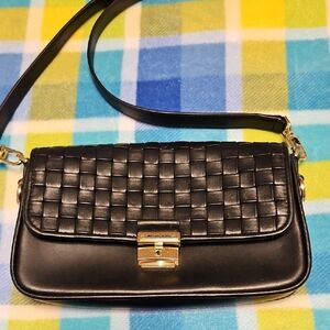 Michael Kors Black Woven Shoulder Bag with Gold Hardware